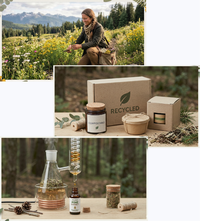 Collage of a person in nature, compostable products, and a lab setup with natural elements.
