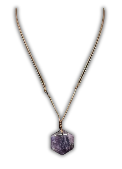 A necklace featuring a faceted purple crystal pendant suspended from a textured bronze-toned chain, shown against a plain white background.